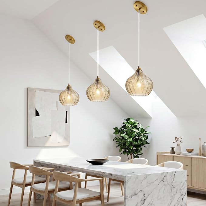 Amber Glass Pendant Lights Kitchen Island Gold Hanging Ceiling Light 9"