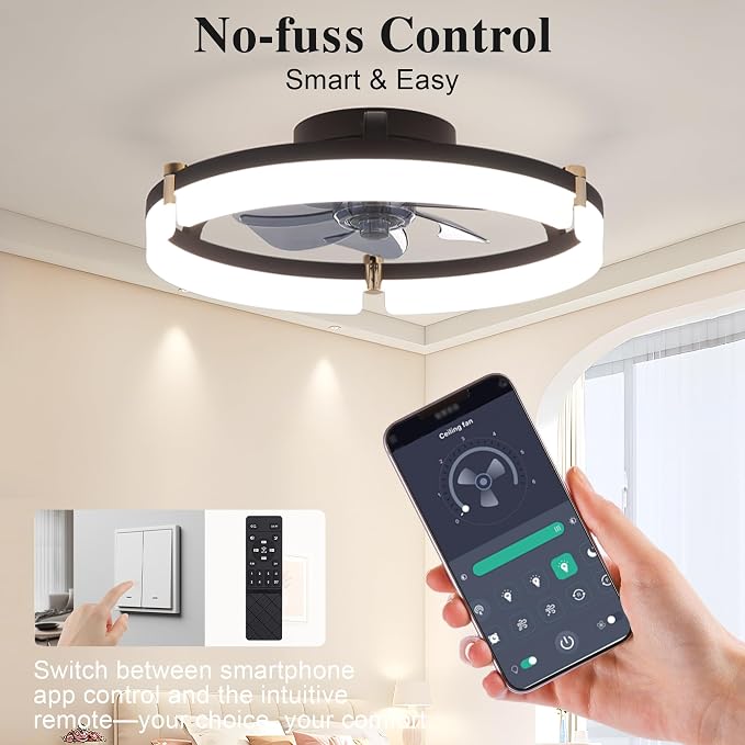 Ceiling Fans with Remote and Lights Fandelier - 20'' Low Profile Flush Mount Modern Black Ceiling Fans for Bedroom - 6 Speeds and Stepless Color Temperature Change