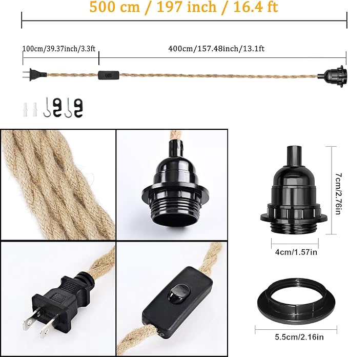 Vintage Plug in Pendant Light with Hemp Rope Cord 16.4 ft, 1-Light Hanging Light Cord Kit with On/Off Switch Farmhouse Black E26 Lamp Socket