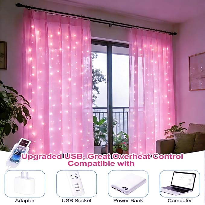 300 LED Fairy Curtain Lights, 9.8 x 9.8FT Pink USB Plug in 8 Modes Hanging Lights with Remote for Christmas, Bedroom, Indoor, Outdoor, Weddings, Party (Pink)
