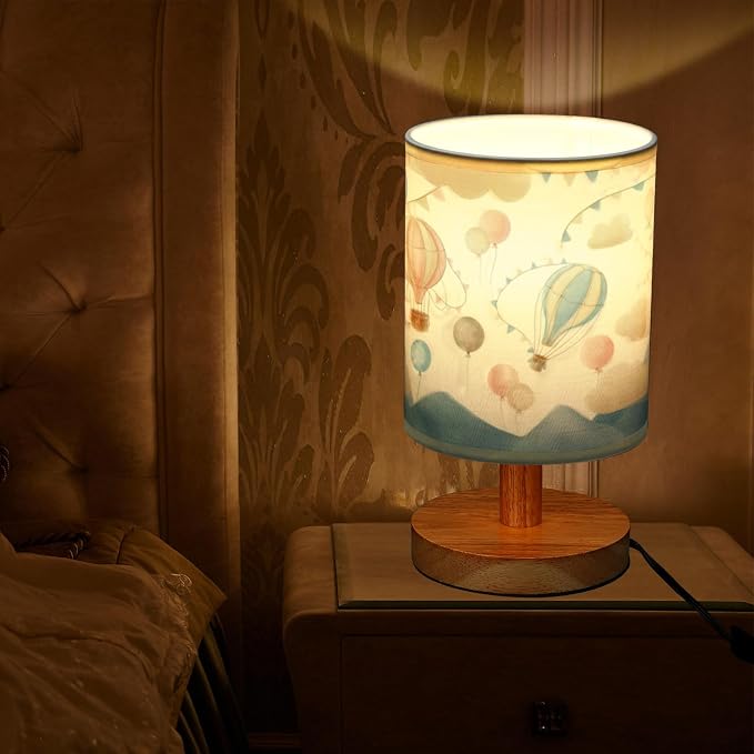 Hot Air Balloon Kids Table Lamp for Bedroom Kids Bedside Lamp with Linen Wooden Nightstand Cartoon Nursery Lampshade for Girls Boys Living Room