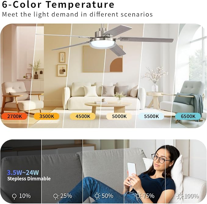 60 Inch Ceiling Fans with Lights and Remote, Living Room Office Industrial, 5CCT Dimmable, Dual Color 5 Blades, 6 Speed Reversible Quiet DC Motor, Double-Layer Lampshade, Sand-nickel/Wood Grain