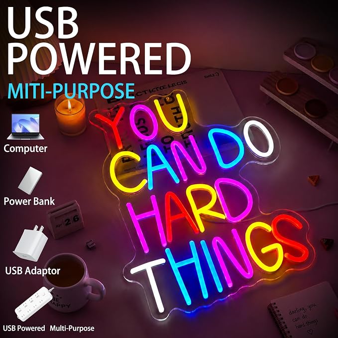 You Can Do Hard Things Neon Sign for Wall Decor Positive Inspirational Neon Light USB Dimmable Classroom Office Library LED Light Up Sign for Bedroom Birthday Party Classroom Decoration