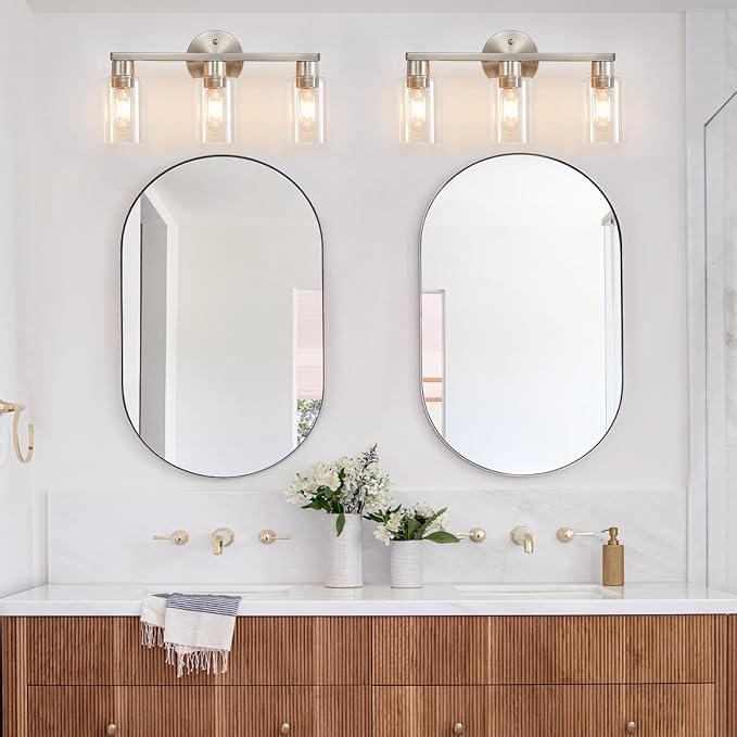 Bathroom Light Fixtures 3-Light Bathroom Vanity Light Brushed Nickel | Stainless steel body, Clear glass shade, E26 scoket, Anti-rust, Easy to install, Vanity lighting fixtures, Over mirror, 18 in