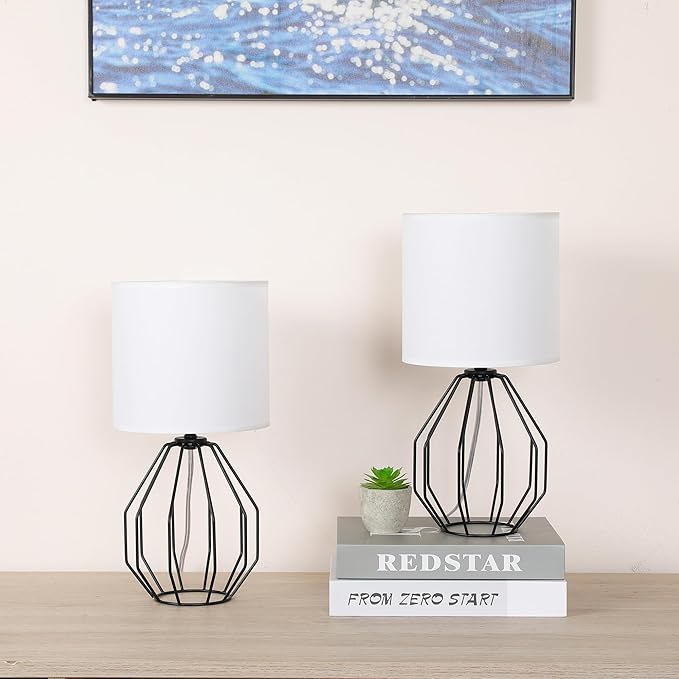 Small Table Lamp Set of 2 Black, Small Bedside Lamps, Cute Desk Lamps with Metal Cage & Linen Lampshade, Nightstand Lamps for Bedroom, Living Room, Kids Room, Office