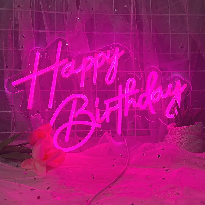 Happy Birthday Neon Sign for Wall Decor, 17×12 Inch Pink Led Neon Light Signs, Art Decoration Happy Birthday Neon Light Sign for All Birthday Party Decoration with 2 Pcs pasters