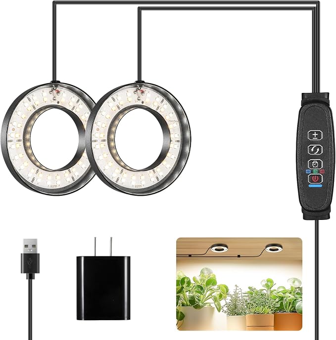 Full Spectrum Grow Light for Indoor Plants, Warm White 2 Head Black Angel Ring Ceiling and Under Cabinet Plant Lamp with 6/12/16H Timer, 10 Dimmable Levels and 3 Modes