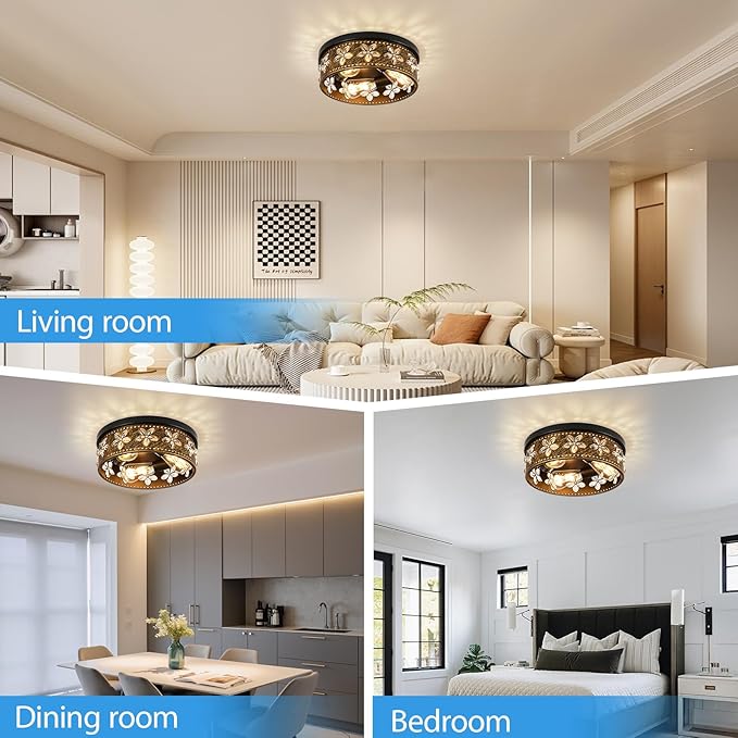 12.6 Inch Black Flush Mount Ceiling Light Fixture | 3-Light, Flower, Farmhouse, Kitchen, Dining Room, Bedroom, Living Room, Foyer, Entryway