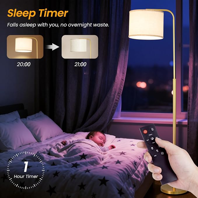 Arc RGB Floor Lamp with Remote Control Dimmable Gold lamps for Living Room | Modern Tall Standing Lamp for Bedroom Corner and Office wiht Adjustable Hanging Drum Shade Over Couch Arched Reading Light