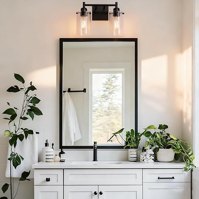 Matte Black 2-Light Bathroom Light Fixtures,Bathroom Vanity Light Over Mirror with Glass Shade,Modern Farmhouse Wall Sconces Lighting for Bedroom Cabinet Kitchen Living Room