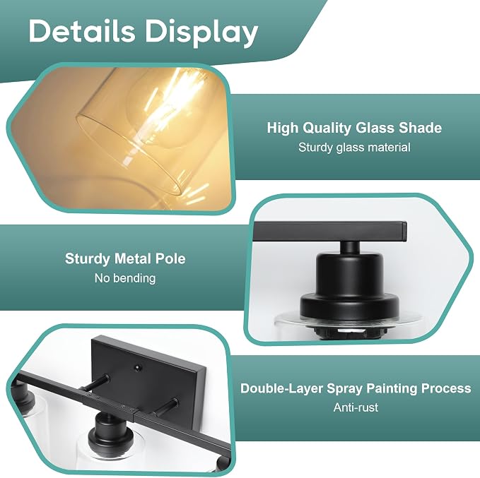 Ascher Bathroom Light Fixtures, 5-Light Vanity Light Over Mirror, Matte Black Wall Sconces with Clear Glass Shades, Wall Lamp for Living Room Bedroom, E26 Base(Bulbs Not Included)