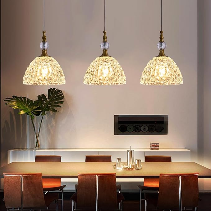 Modern Bronze Glass Pendant Light 7.68 in Dome Light Fixture with Clear K9 Crystal Ball Adjustable Height Vintage Mini Hanging Lights for Kitchen Island Bedroom Dining Room Living Room