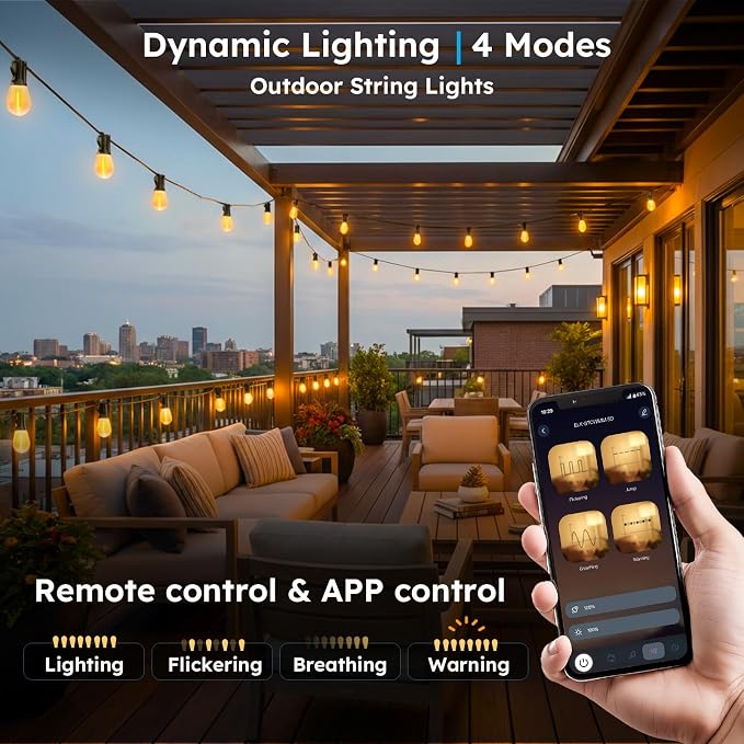 GvvooHome 50FT S11 LED Outdoor String Lights with App & Remote, Low-Voltage Patio Lights with Music Sync, 4 Lighting Modes, Dimmable, Waterproof LED Outdoor Lights for Porch, Deck, Garden, Backyard