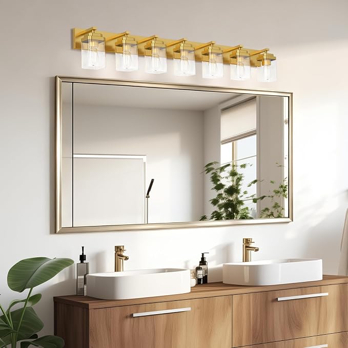 Brushed Gold Bathroom Light Fixtures, 7 Lights Bathroom Lighting Fixtures Over Mirror, Square Design & Rectangle Large Backplate, Modern Vanity Lighting Fixtures, for Living Room/Bedroom