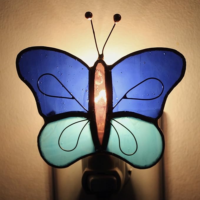 Gift Essentials Blue and Aqua Butterfly Plug in Night Light - Stained Glass Nightlight with On/Off Rocker Switch - Includes One 4 Watt Replaceable Incandescent Warm Glow Bulb