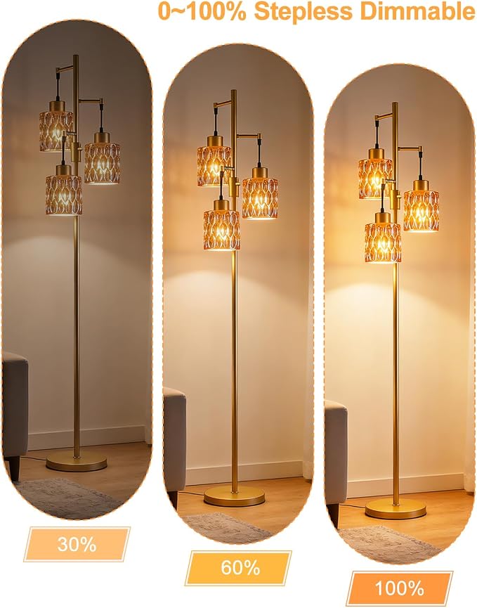 Lightdot 67" 3-Light Glass Floor Lamp for Living Room, Dimmable with Amber Glass Shade & E12 Bulbs Included, Mid Century Standing Tall Lamp with 5Lbs Heavy Base for Bedroom/Sofa Beside/Corner - Gold