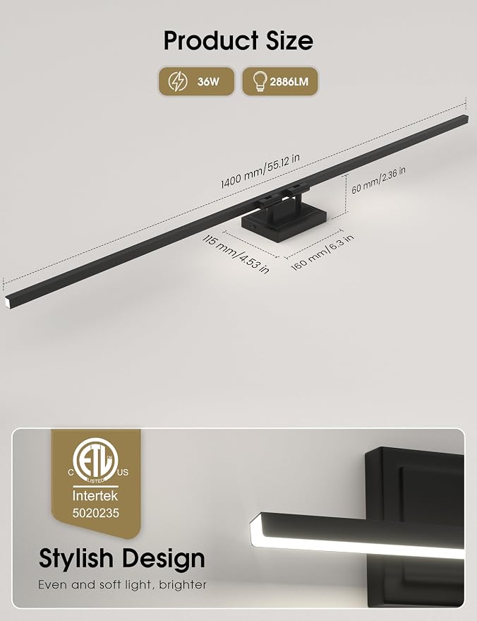 VOLISUN Modern Bathroom Vanity Light 55 inch, Rotatable, 36W Dimmable 5CCT Led Bathroom Light Fixture Over Mirror, Black Bar Vanity Light for Bathroom Mirror Cabinets-ETL Certificated