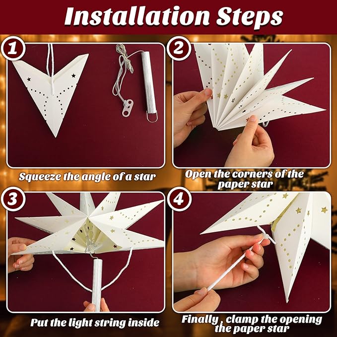 Large Paper Star Lanterns with Lights 3D 7 Pointed Christmas Paper Lanterns 3Pcs Foldable Decorative Christmas Hanging Decorations for Xmas Birthday Holiday Wedding Home Decor New Year Party