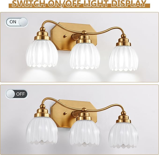 3 Light Gold Vintage Vanity Lights, Antique Brass Finish | Milk White Tulip Crystal Shades,Brushed Gold Bathroom Light Fixtures, Wall Sconce Ideal for Bedroom, Hallway, Easy to Install