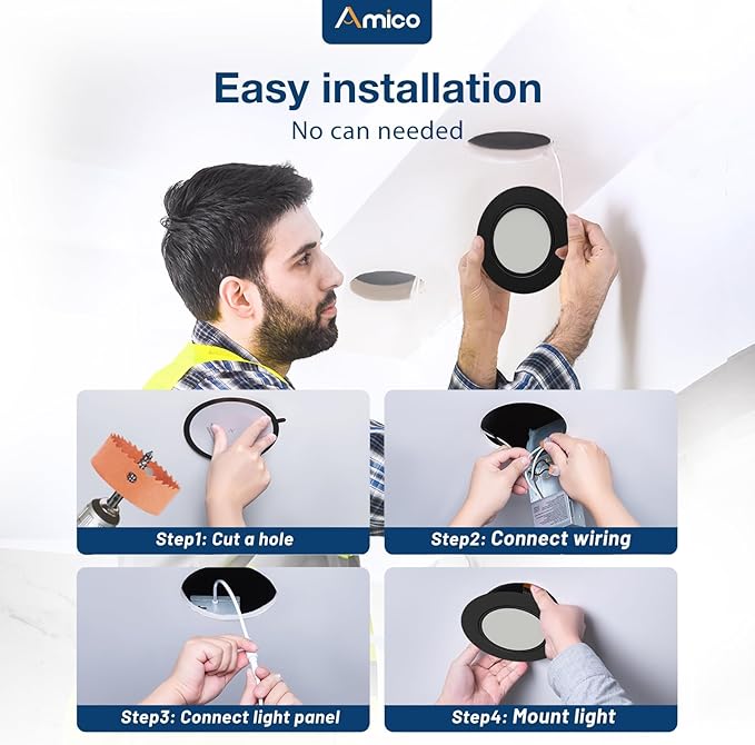 Amico 6 Pack 6 Inch 5CCT Gimbal LED Recessed Lighting, 360°&90° Adjustable Eyeball Directional Downlight, Dimmable, 2700K/3000K/3500K/4000K/5000K Selectable, CRI90+ 12W 1200LM, Black, ETL&FCC