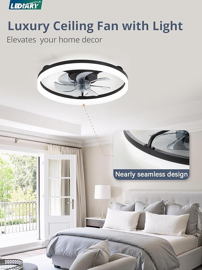 LEDIARY 20" Low Profile Ceiling Fans with Lights, APP & Remote, Black | Flush Mount, Dimmable LED, Quiet DC Motor, Reversible, 6 Speeds, Fandelier, for Bedroom