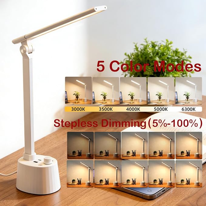 BOHON Small Desk Lamp with USB C Charging Port 5 Colors Stepless Dim White | Reading Light Space-Saving Rotating Head Desk Lamp for Home Office College Dorm Room Bedside Table Bedroom