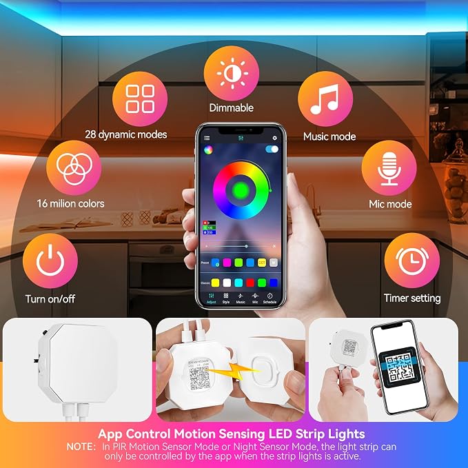 Motion Sensor LED Light Strip RGB 19.7Ft for Bed Stair,Remote & App Control | Motion Activated LED Strip Lights Color Changing Under Bed Night Lighting Indoor, Music Sync, USB Powered for Bedroom Kitchen
