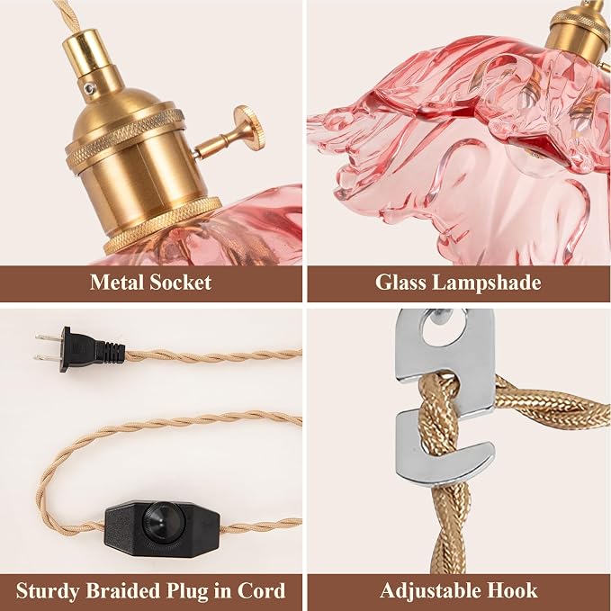 Plug in Pendant Light Fixtures,Hanging Light Fixture Corded On/Off Switch,10.6in E26 Pink Glass Lampshade Pendant Lighting for Kitchen Island, Bedroom, Dining Room