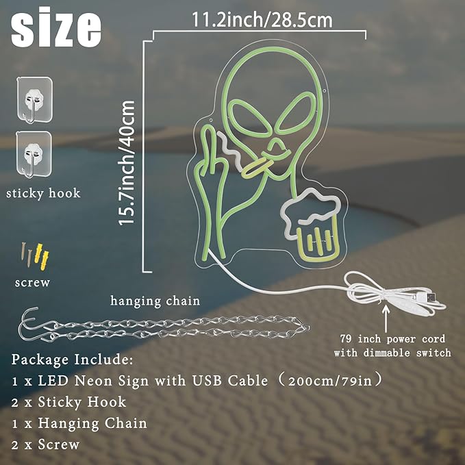 Green Alien Neon Sign, Beer Bar Alien Neon Light for Wall Decor, Dimmable LED Lights Signs for Bedroom Man Cave Game Room Home Bar Party Decoration,USB Powered Alien Light up Sign for Kids Teen Boy Birthday Christmas Presents