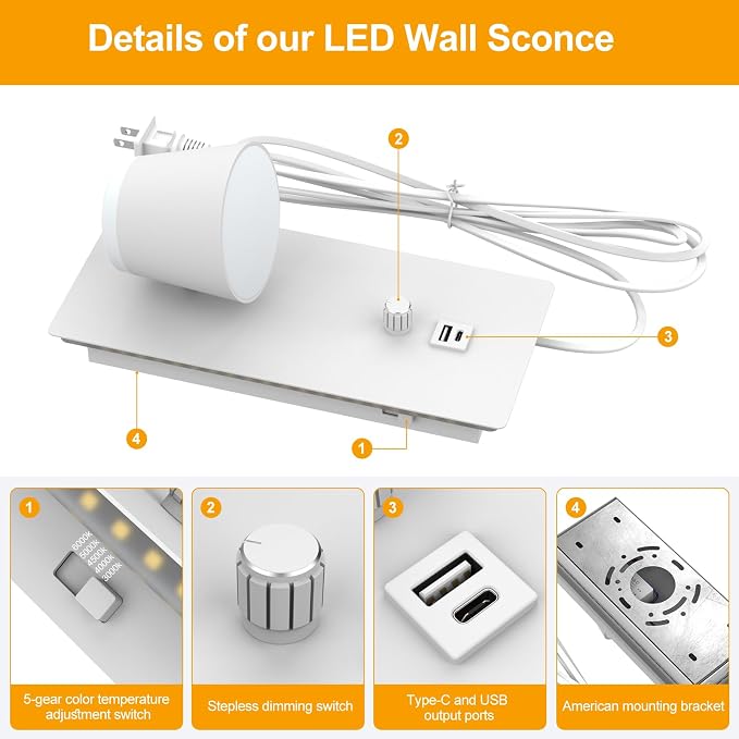 Plug in LED Wall Sconce Set of Two,Dimmable Bedside Wall Light with Dimmer and USB&C Ports,5CCT（3000K-6000K） LED Wall Mounted Lighting for Bedroom,Stairway,Basement,Cafe,Home Decor(2 Packs)