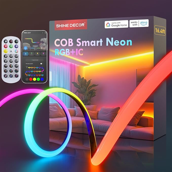 COB RGB+IC LED Neon Rope Light, 24V Color Changing Rope Light Compatible with Alexa, Google Assistant, Waterproof Neon Light Strip with Remote for Bedroom Gaming Room Party, 13x6mm, 16.4FT