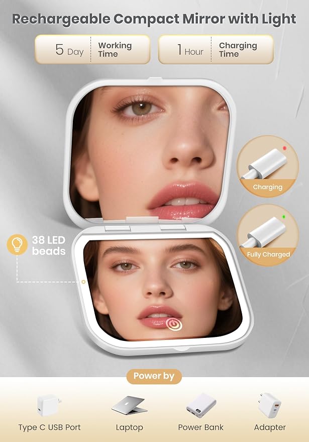 Magnifying Mirror with Light, Rechargeable 40X Compact Mirror with 3 Lighting Modes & Dimmable Brightness, Portable Travel Makeup Mirror with Light, Essentials for Travel, Pocket Purse White