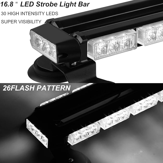 ASPL 16.8 Inch LED Strobe Flashing Light Bar, 26 Flashing Modes High Intensity Emergency Hazard Warning Beacon Lights with Magnetic Base for Car Trucks Trailer Roof Safety (White)