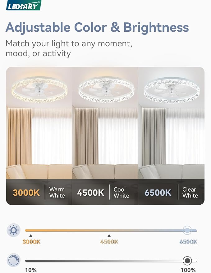 LEDIARY 20" Modern Ceiling Fans with Lights and Remote, White Fandelier | Dimmable Low Profile, Flush Mount Ceiling Fan, Stepless Color Temperature Change, 6 Speeds, Bedroom, Living Room, Kitchen