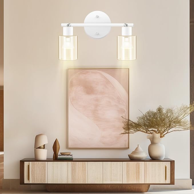 BoostArea 2-Light Bathroom Light Fixtures, White Modern Vanity Wall Lights with Clear Glass Shade, Flexibly Ceiling Light for Mirror Kitchen Living Room Hallway Cabinet Porch