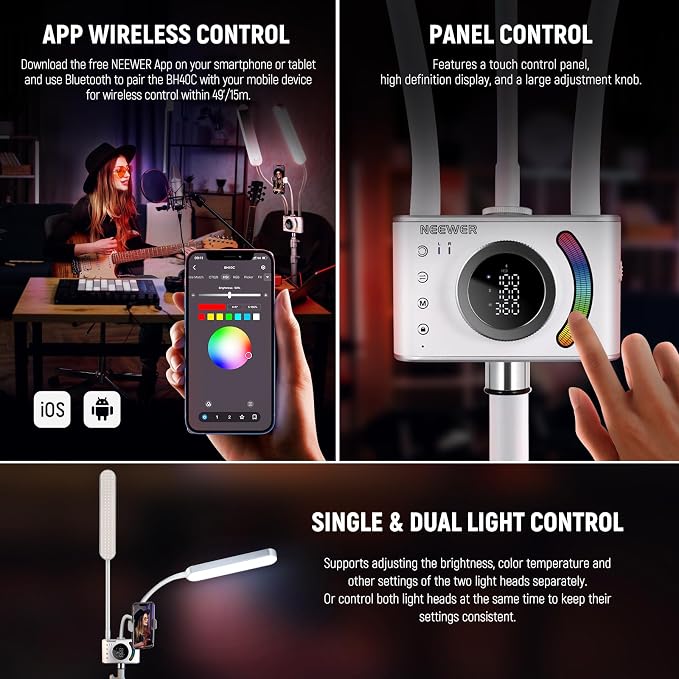 NEEWER RGB Esthetician Light Kit Upgraded with Phone APP Control/Touch Bar, Separate Control Dual Arm LED Video Light w Phone Holder/Stand/Travel Bag, 2500K-10000K 18 Scenes for Tattoo Lash, BH40C