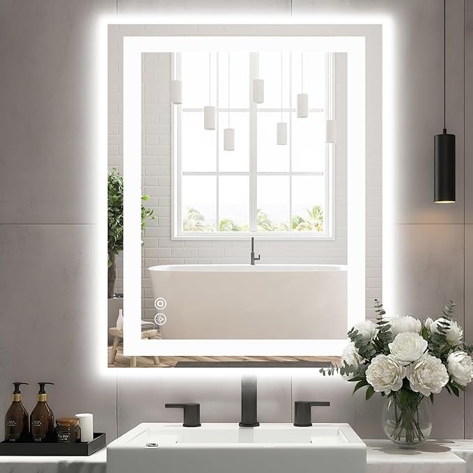 DUMOS 32"x40" Smart Anti-Fog LED Bathroom Mirror with 3 Color Temperatures, Dimmable, Memory Function, Rectangle Modern Vanity Mirror