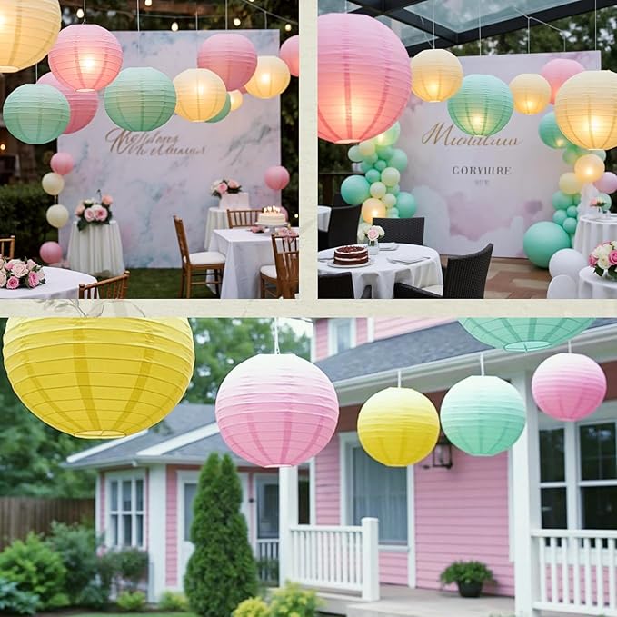 Chinese Paper Lanterns - Pack of 10, 10-Inch Yellow/Pink/Light Green Hanging Lights for Birthday Party Decorations, Ceiling Decor, Rainbow Classroom, Wedding, and Party