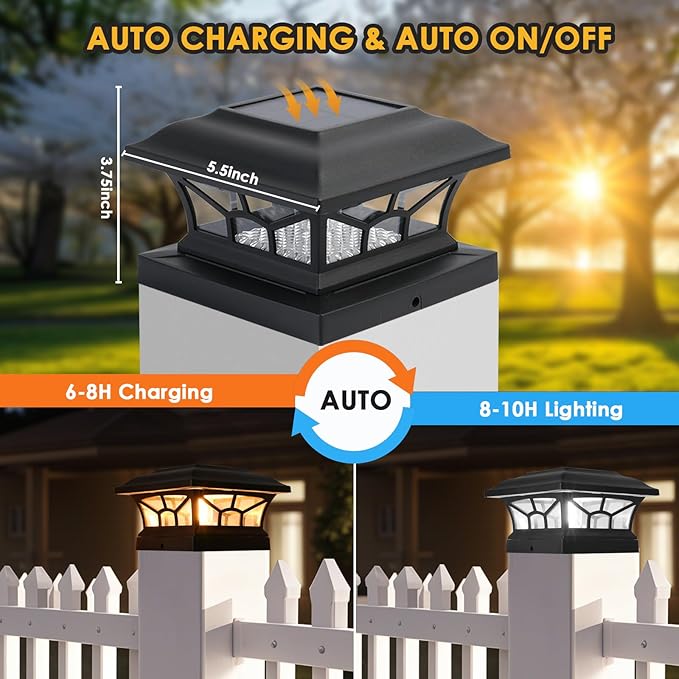 4 Pack Solar Post Cap Lights Outdoor Waterproof, Fits 4x4, 5x5, 6x6 Wooden & Vinyl Fence Decks, Edison LED Bulb with Warm & Cool White Light Modes.(Classic Black,4)