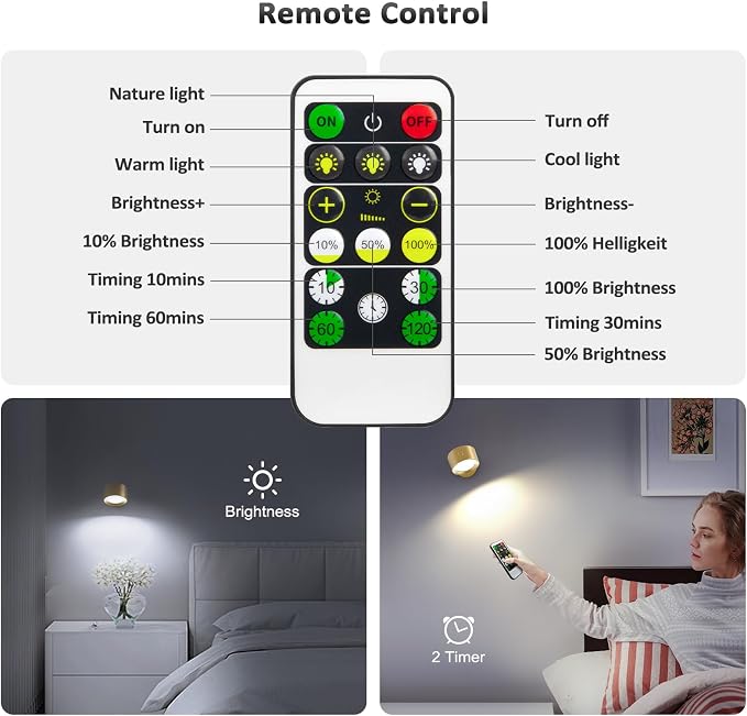 Racokky LED Wall Sconces 2 Pcs with Remote, Wall Lights 3000mAh Rechargeable Battery Operated, 3 Color Temperatures & Dimmable Wall Lamp Magnetic 360° Rotation Light for Bedroom Living Room(Gold)