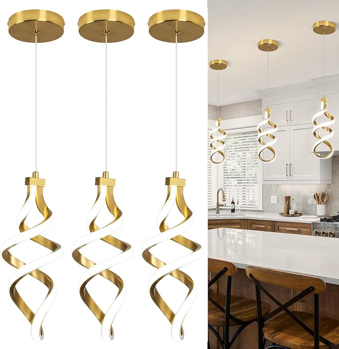 3 Packs Pendant Light, 15W Spiral Led Pendant Light, 4500K Modern Pendant Lights Kitchen Island, Adjustable Height Pendant Light for Dining Room Bedroom Kitchen Island Cafe
