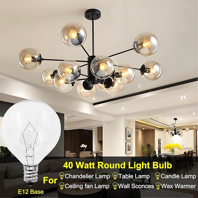 40 Watt E12 Candelabra Base Round Bulbs,G50 Light Bulbs for Full Size Scentsy Warmer,Chandelier,Decorative Vanity Lights,Ceiling Fans Lights,120V Dimmable Globe G16 1/2 Bulb,2700K Warm White,6 Pack