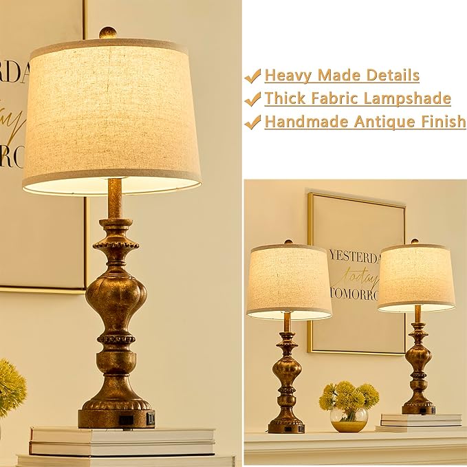 SAIWEYA 27.5" Farmhouse Table Lamps Set of 2, 3 Way Dimmable Bedside Lamps | Dimmable, USB C+A Ports & AC Outlet, LED Bulbs Included, Rustic Lamps for Living Room, Bedroom