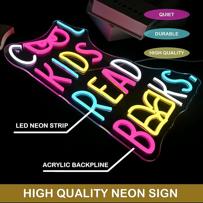 Cool Kids Read Books Neon Sign LED Light Reading Room Wall Decor | Dimmable Inspirational Light Up Sign for Kids Rooms, Classrooms, Libraries & Study Areas, LED Wall Decor Gift for Readers