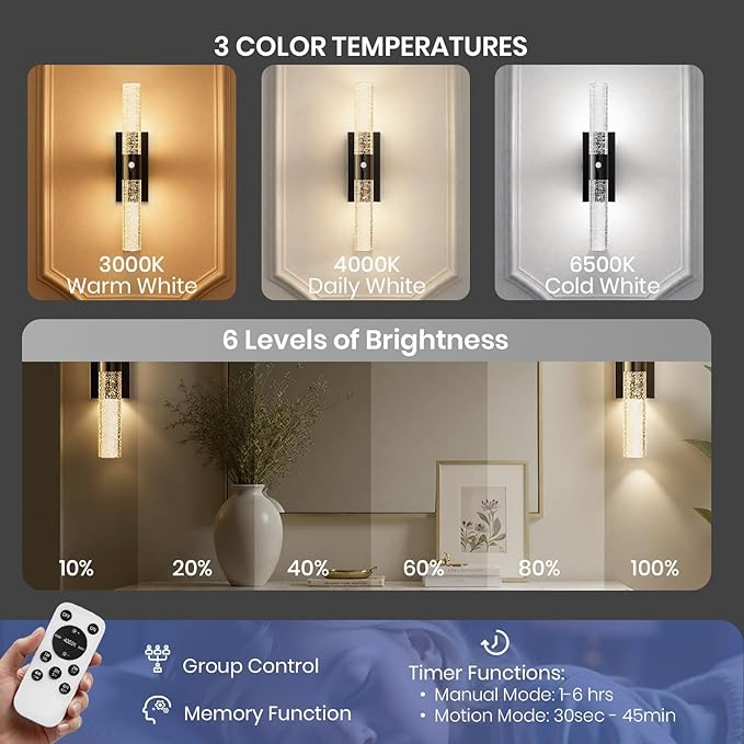 IRONPAX Wall Sconces Battery Operated Set of 2, Wireless Rechargeable Wall Sconce Set of Two, Dimmable Wall Lights with Remote for Bedroom Living Room Hallway Decor (Satin Black, Bubble Crystal)