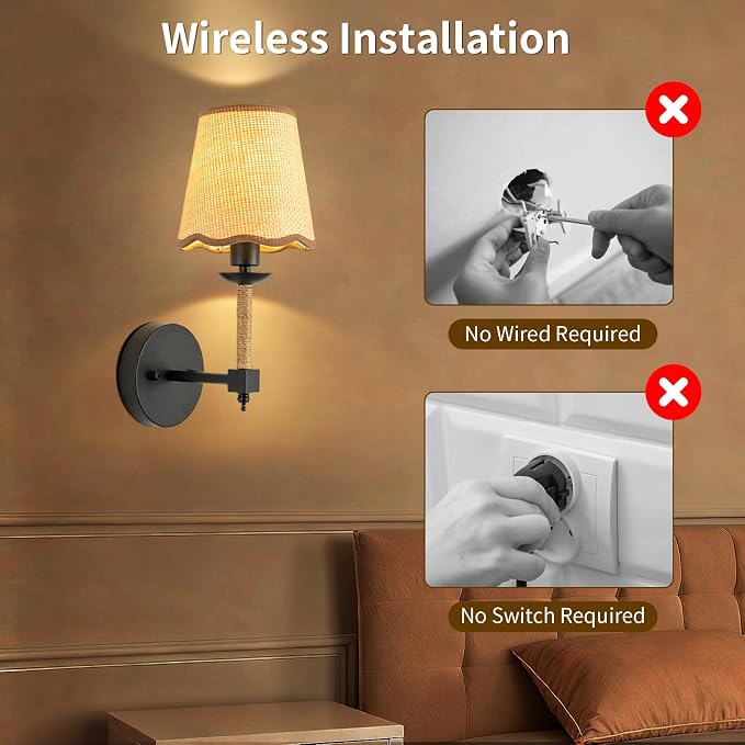 Boho Battery Operated Wall Sconce Set of 2, Medium Black Wireless Rechargeable Wall Lights with Rattan Shade, 12 RGB and 3CCT Dimmable Cordless Wall Lamps with Remote for Living Room