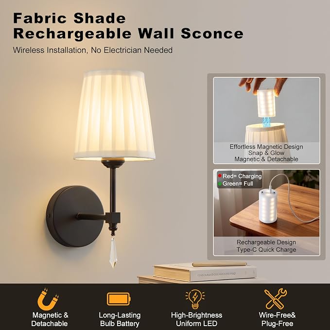 Black Battery Operated Wall Sconce,10000 Mah Rechargeable Wall Sconces set of 2 With Remote,3CCT and 12 RGB Sconces Battery Operated Dimmable,Fabric Sconces Wall Decor Set of 2 for Bedroom,Living Room