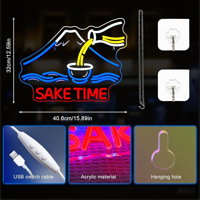Sake Time Neon Signs for Wall Decor Bar Neon Light Up Bar Home Bedroom Sake LED Signs for Japanese Art Wall Decor Mount Fuji LED Light Gifts for Anime Lover Party