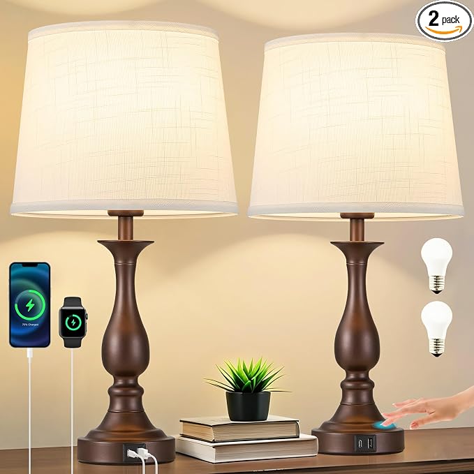 Bedside Table Lamp Touch Control Bedroom Lamps with USB A + C Charging Port 3 Way Dimmable Touch Lamps for Nightstand Living Room Bedroom Dorm Home Office Reading, Set of 2 (White Shade & Brown Base)