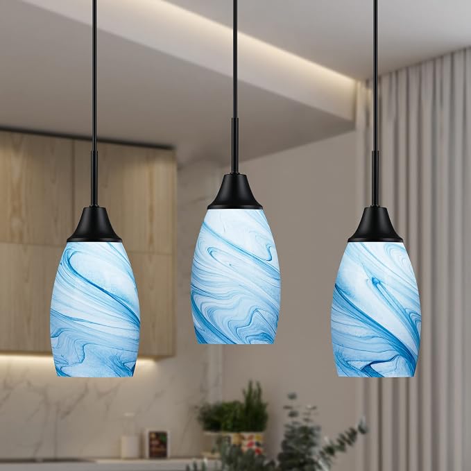 Viinew Mini Glass Pendant Light,3-Pack Blue Marble Glass Pendant Lights | Handblown Blue Marble Oval Art Glass Lamp Ceiling Hanging Light 4.72" Small Chandelier for Dining Room Kitchen